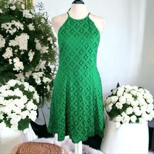 Maitai Women's Green Floral Lace A-Line Midi Halter Dress Size Small